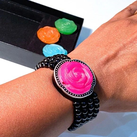 HSN Onyx Stretch Bracelet with Interchangeable 4-in-1 Magnetic Carved Roses - Picture 4 of 14